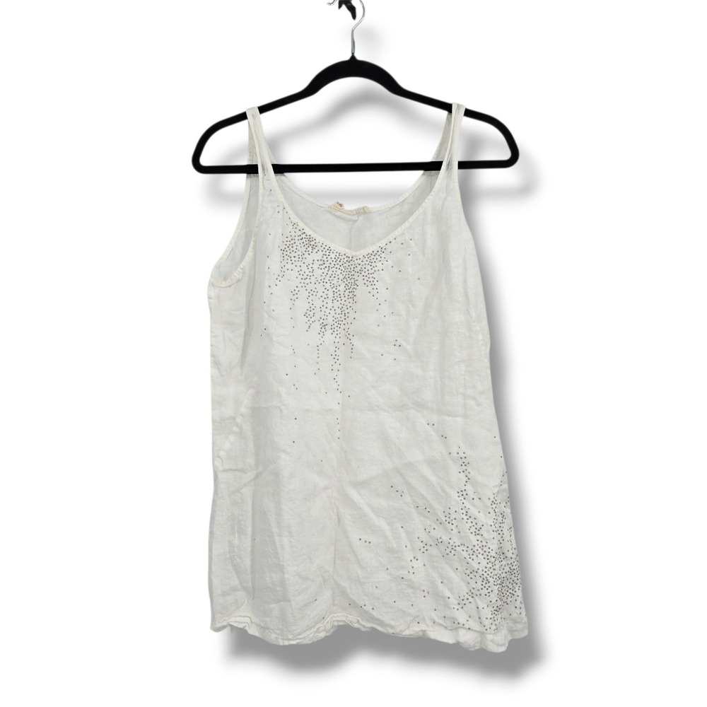 Eileen Fisher White 100% Irish Linen Beaded V-Neck Tank Top Sleeveless Large